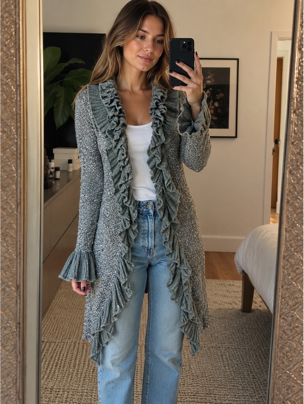 Anthropologie Sioni Women’s M Gray Sage Ruffle Long Cardigan Y2K Whimsigoth